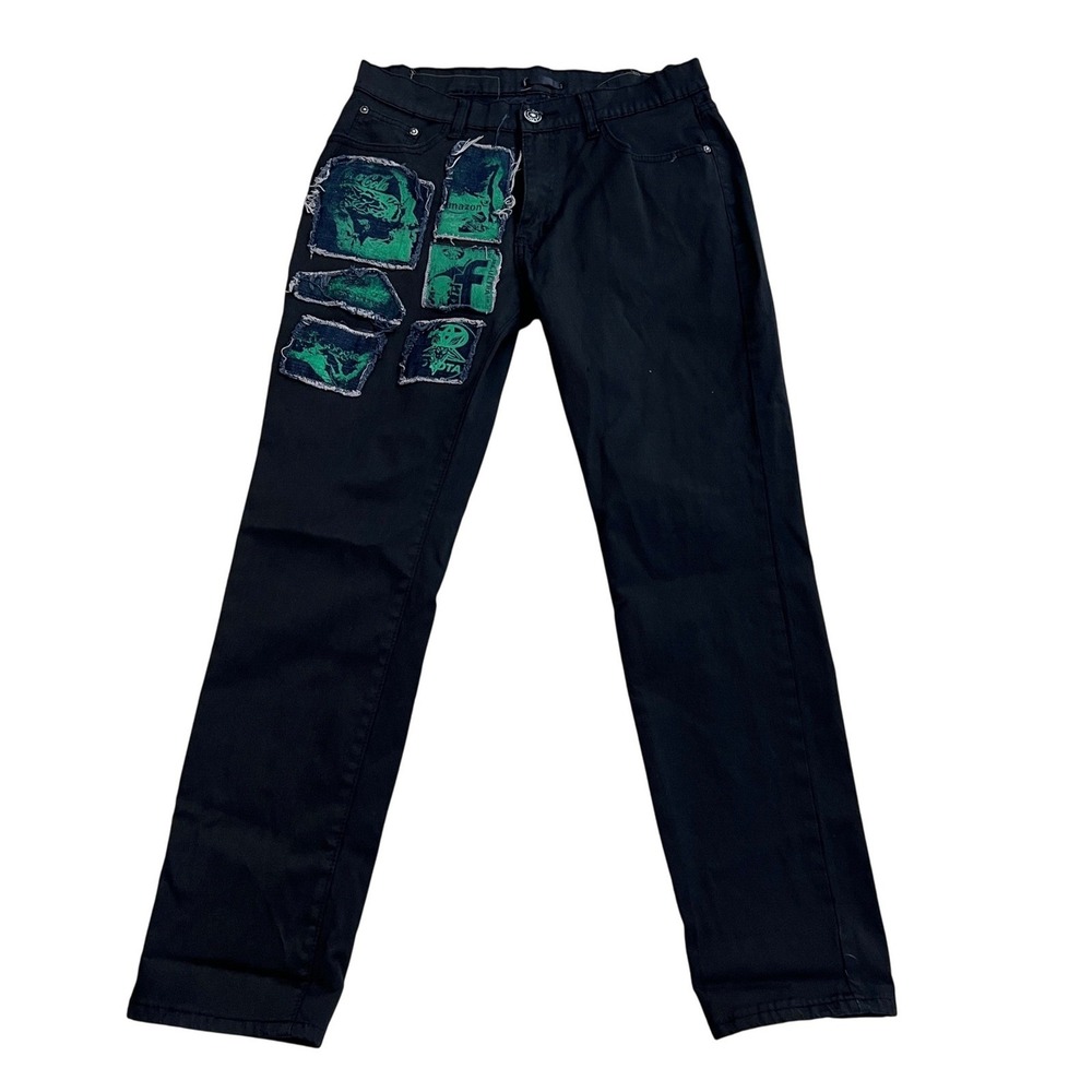 LOG Black Jeans Mens Size 32x30 (30X28)‎ Custom Green Distressed Patches  EUC